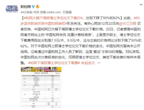 知网下调硕博士学位论文下载价格；分别下降50%和62%；博士从25元下降到9.5元！