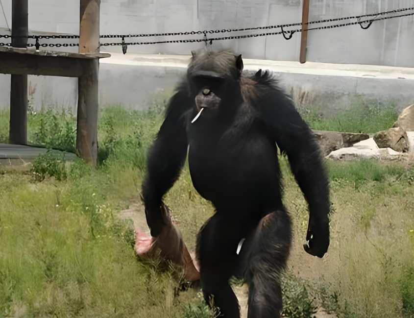 山东一野生动物园内有游客向猩猩扔烟头 动物园游客抛烟猩猩叼起猛抽