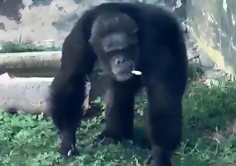 山东一野生动物园内有游客向猩猩扔烟头 动物园游客抛烟猩猩叼起猛抽