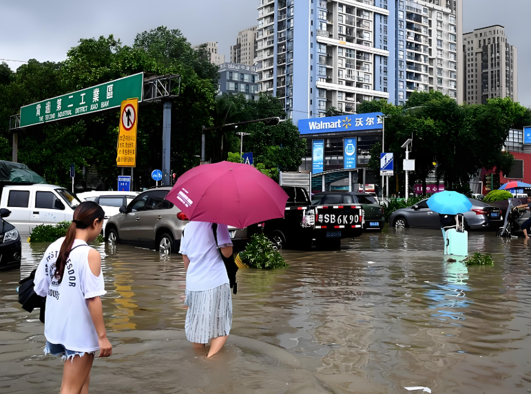 东莞遭遇强降雨积水严重 暴雨中东莞人众志成城全力抗汛
