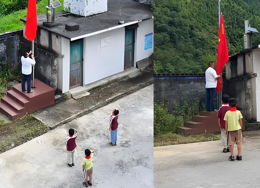 全校3名学生1名老师升旗高唱国歌！3名学生与1名老师的国旗之约