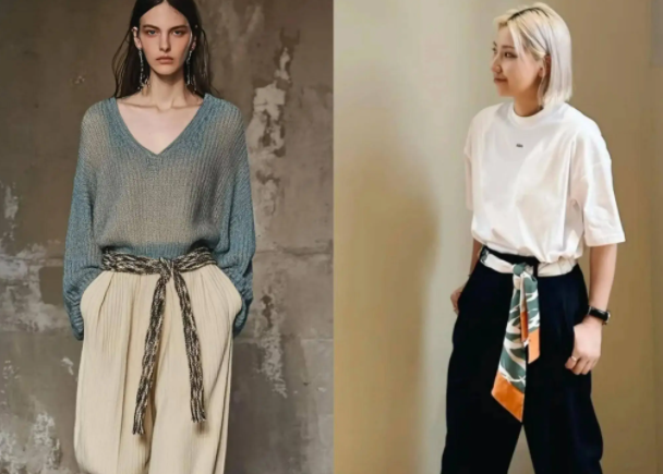 今年“丝巾绑腰间”彻底火了，打造不费力的时髦感