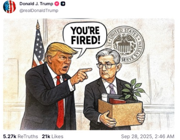 特朗普发布“解雇鲍威尔”的漫画 特朗普曾多次批评鲍威尔降息态度保守