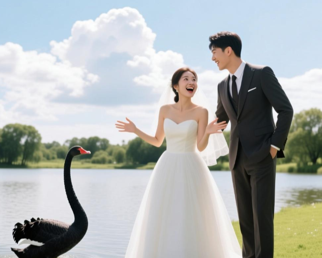 新人拍婚纱照遭遇黑天鹅抢新娘(黑天鹅抢婚现场新郎用捧花护妻)