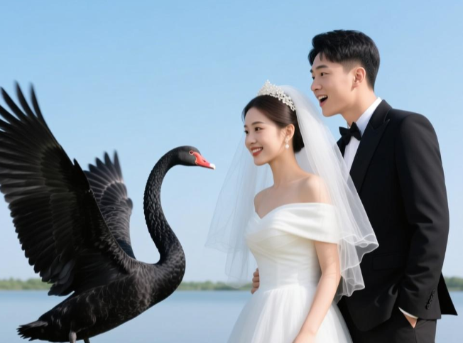 新人拍婚纱照遭遇黑天鹅抢新娘(黑天鹅抢婚现场新郎用捧花护妻)