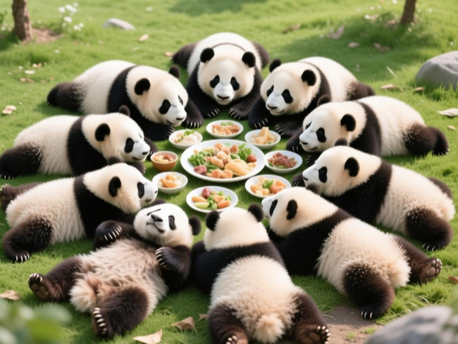 熊猫宝宝聚餐横七竖八躺成一片，熊猫躺吃可爱表象下的保护大计