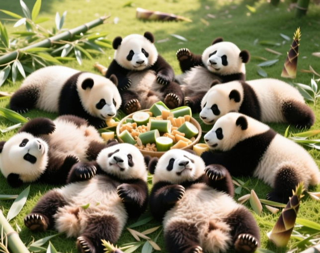 熊猫宝宝聚餐横七竖八躺成一片，熊猫躺吃可爱表象下的保护大计