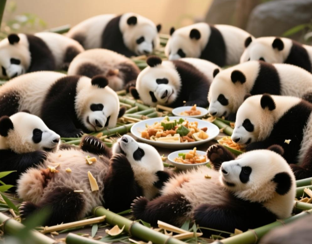 熊猫宝宝聚餐横七竖八躺成一片，熊猫躺吃可爱表象下的保护大计